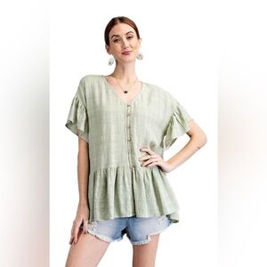 NWT Easel Textured Peplum Tunic Button Down Top, Size M